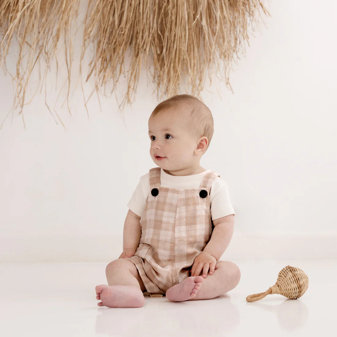 Taupe Gingham Muslin Overalls