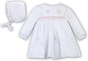 White/Pink Floral Smocked Long Sleeve Dress & Bonnet