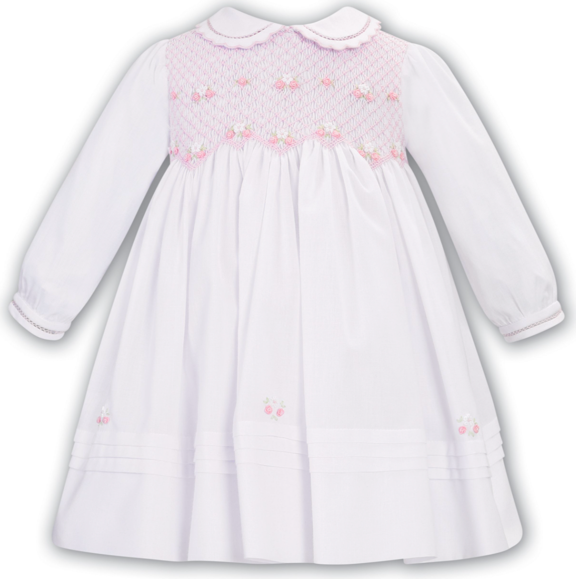White/Pastel Pink Smocked Long Sleeve Dress