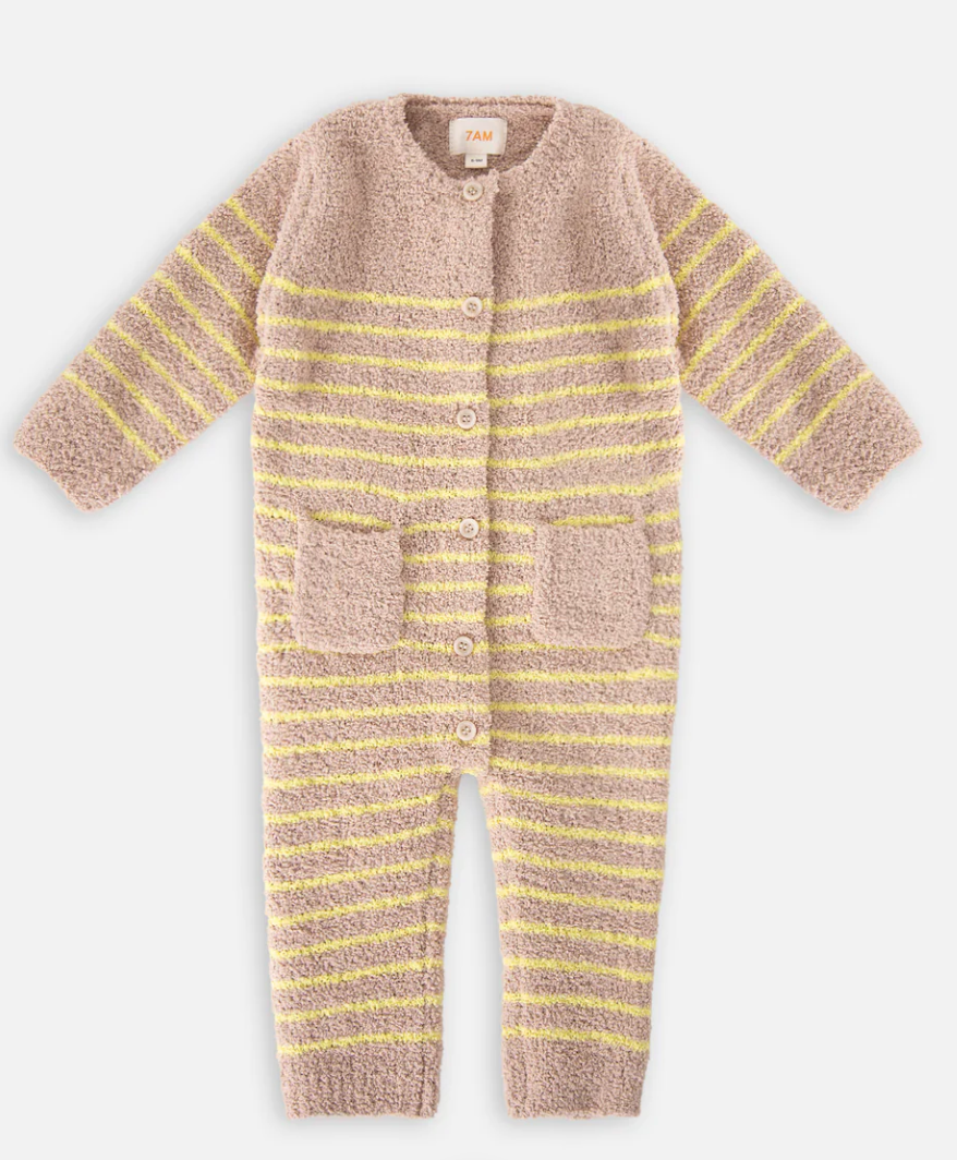 Pecan & Chartreuse Long Sleeve Striped Romper - Fuzzy