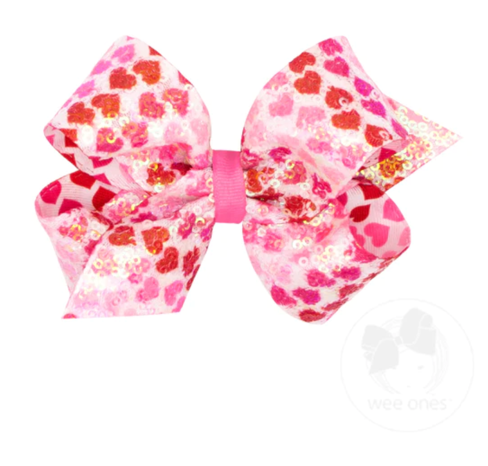 Medium White with Red and Pink Heart Print Sequined Bow