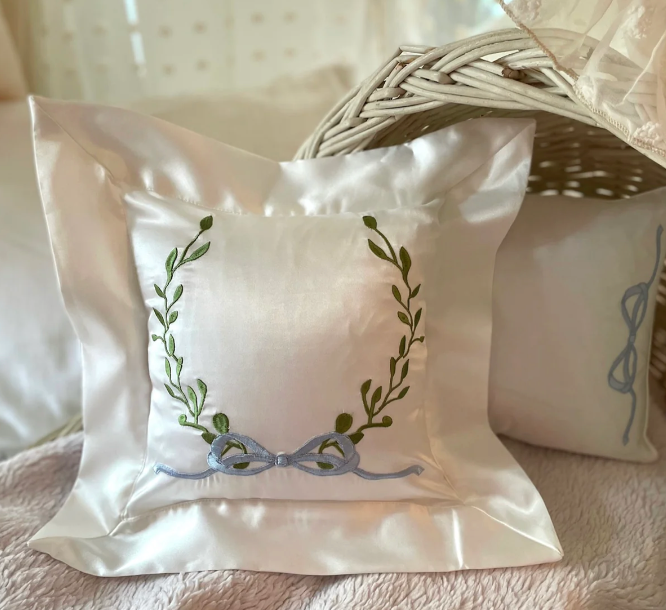 Square Satin Baby Pillow - Laurel Wreath with Blue Bow