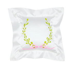 Square Satin Baby Pillow - Laurel Wreath with Pink Bow