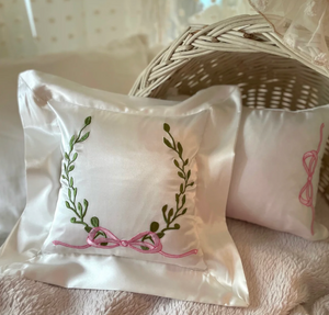 Square Satin Baby Pillow - Laurel Wreath with Pink Bow