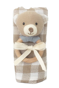 Gingham Muslin and Bear Wood Rattle Gift Set