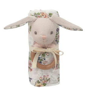 Floral Muslin and Bunny Wood Rattle Set