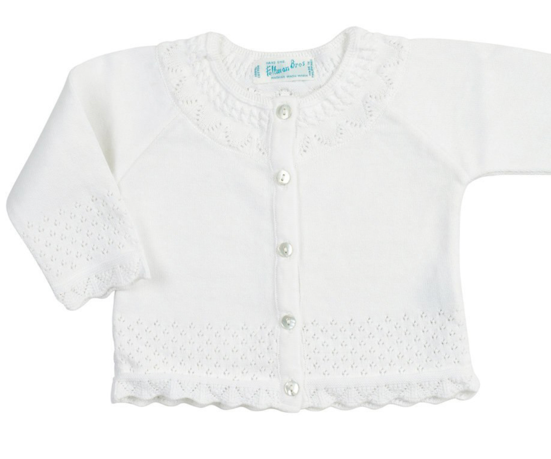 White Pointelle Ruffle Knit Cardigan