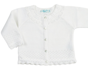 White Pointelle Ruffle Knit Cardigan