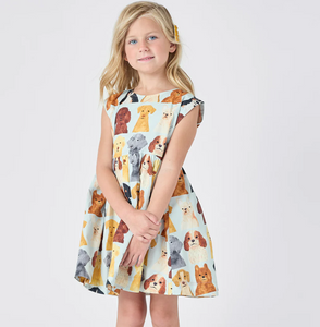 Girls Adaline Dress - Light Blue Watercolor Dogs