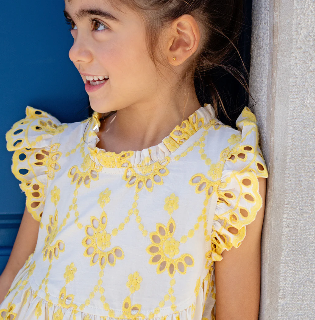 Girls Cynthia Dress - Bright Yellow Eyelet