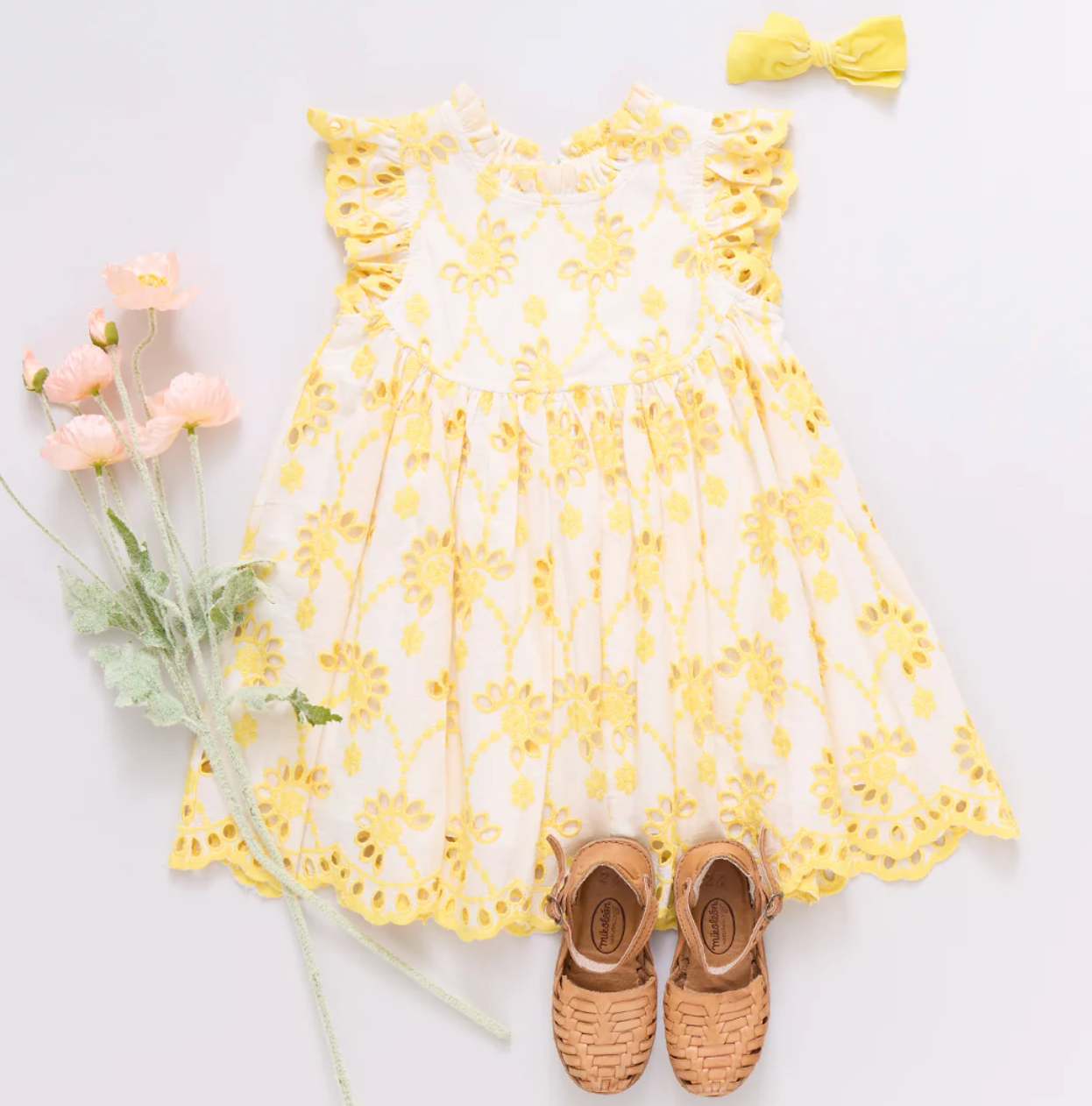 Girls Cynthia Dress - Bright Yellow Eyelet