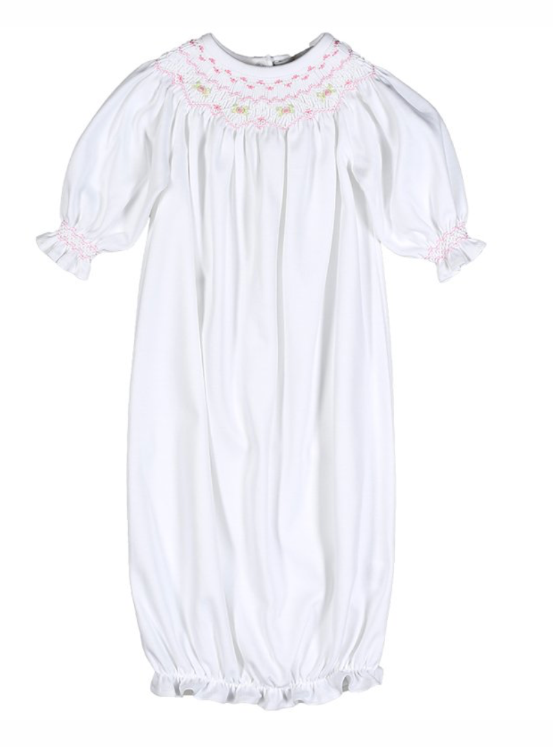White/Pink Smocked Pima Bishop Gown