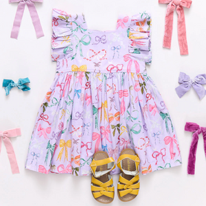 Girls Elsie Dress - Lavender Watercolor Bows