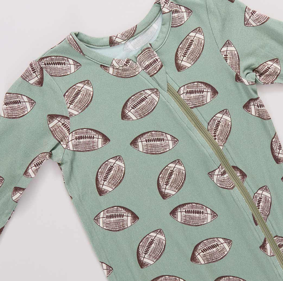 Baby Bamboo Romper - Green Flying Footballs