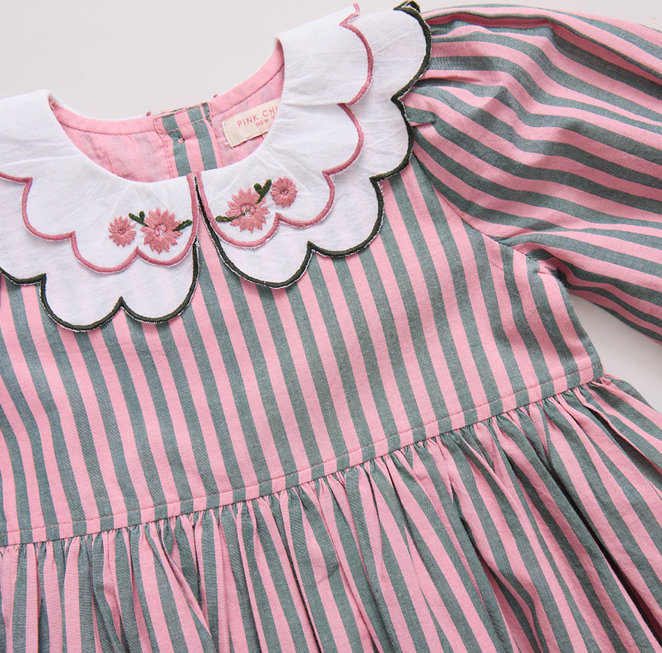 Girls Darcy Dress - Pink Green Stripe