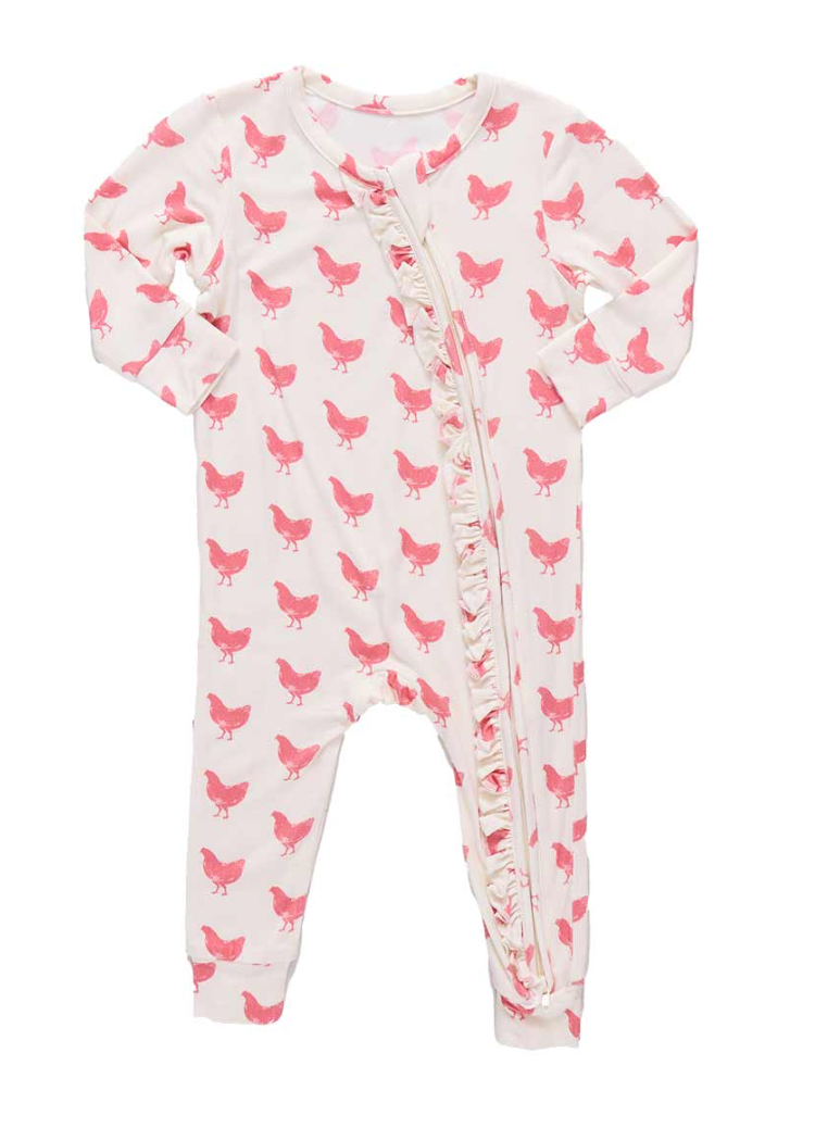 Baby Girls Ruffle Bamboo Romper - Pink Chickens