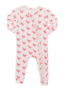Baby Girls Ruffle Bamboo Romper - Pink Chickens