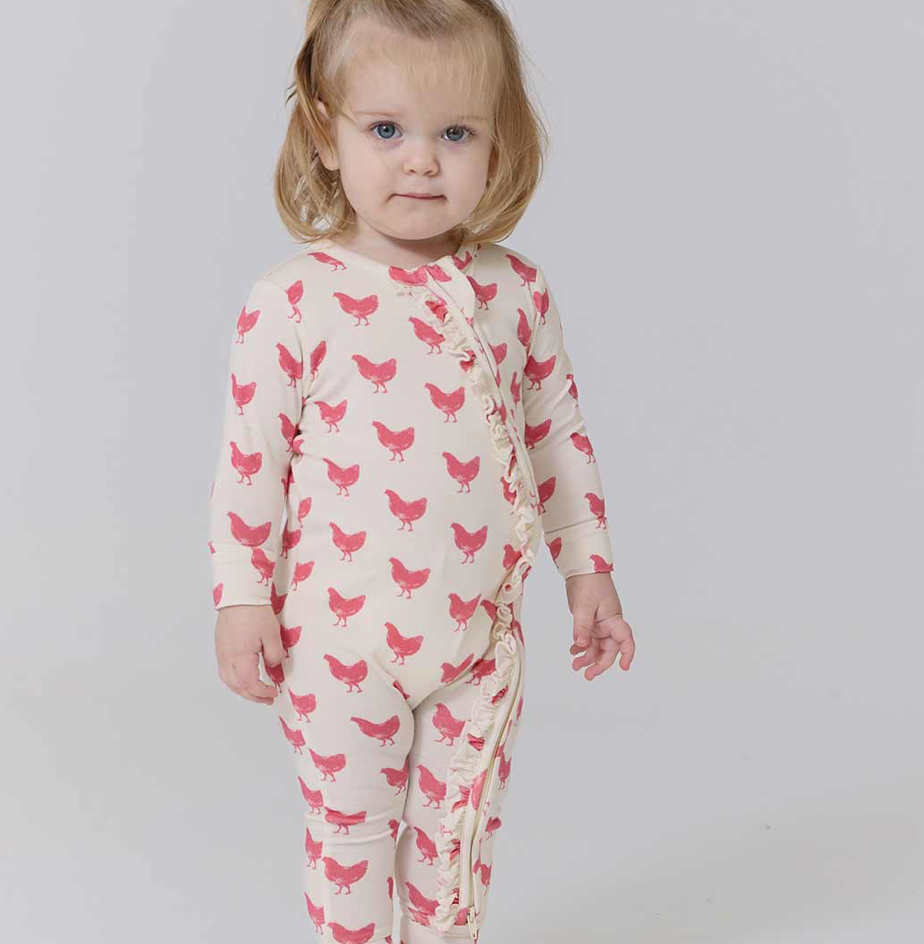 Baby Girls Ruffle Bamboo Romper - Pink Chickens