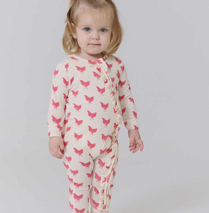 Baby Girls Ruffle Bamboo Romper - Pink Chickens