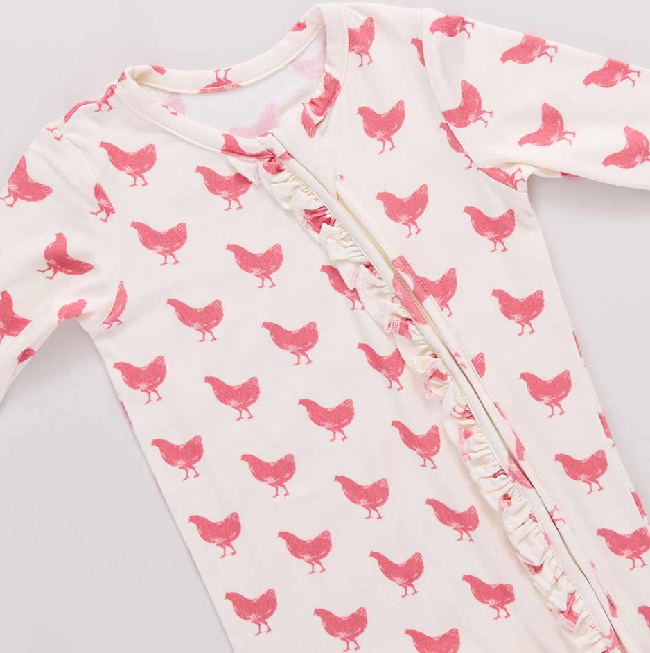 Baby Girls Ruffle Bamboo Romper - Pink Chickens