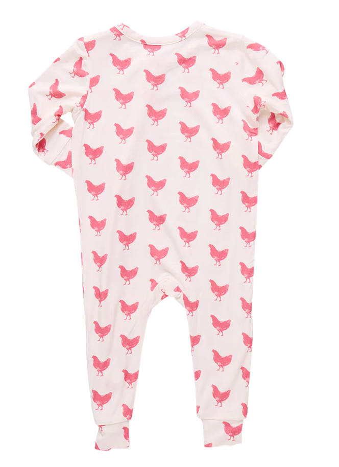 Baby Girls Ruffle Bamboo Romper - Pink Chickens