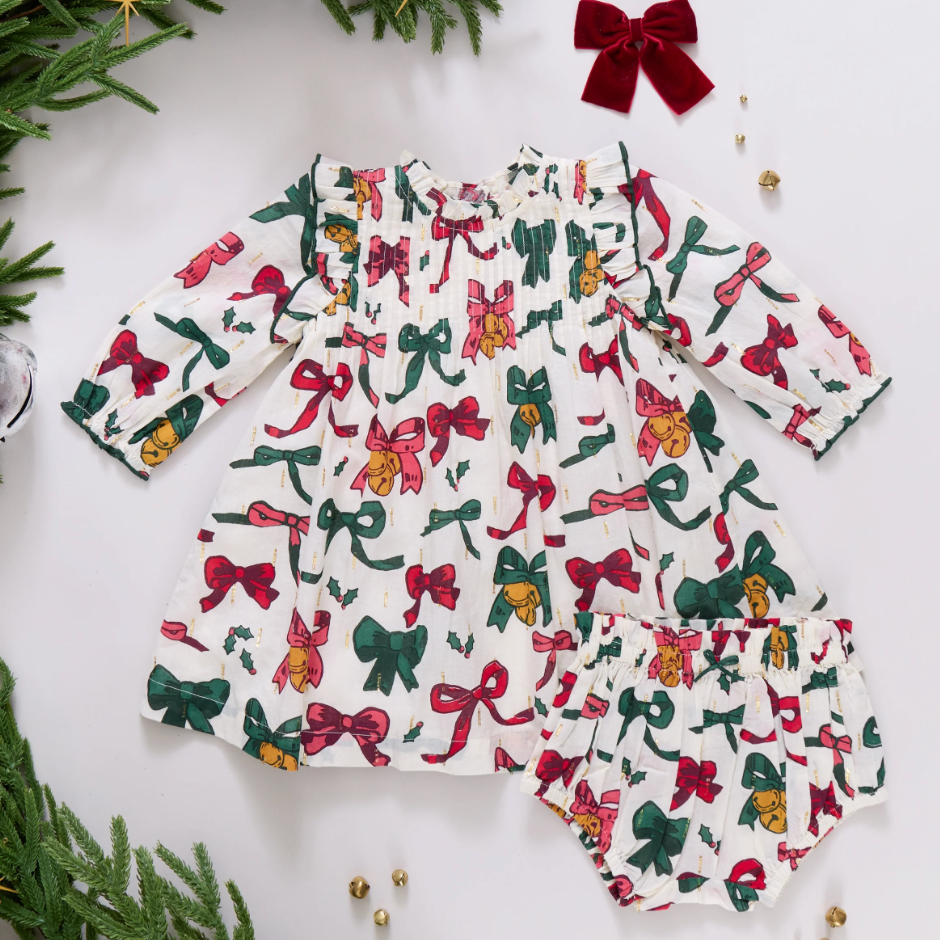 Baby Girls Jaipur Dress Set- Christmas Bows and Bells