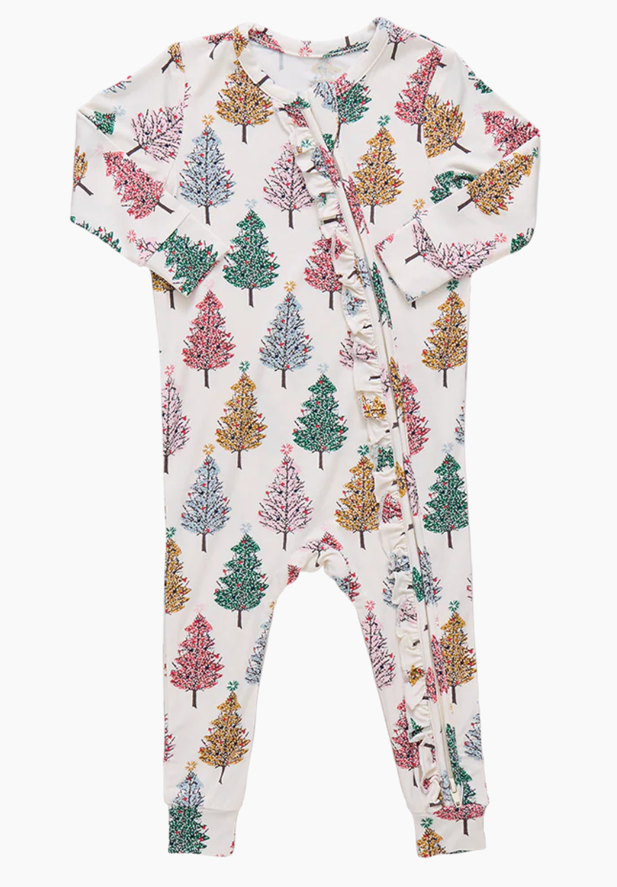 Multi Christmas Trees Baby Ruffle Bamboo Romper