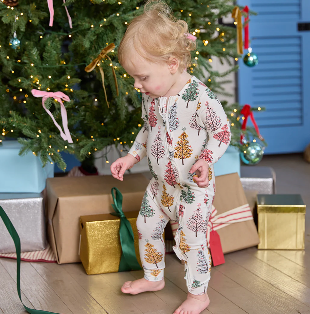 Multi Christmas Trees Baby Ruffle Bamboo Romper