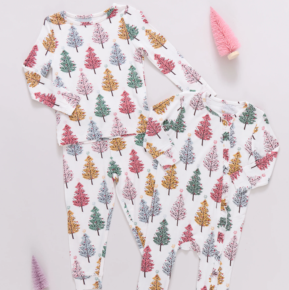 Multi Christmas Trees Baby Ruffle Bamboo Romper