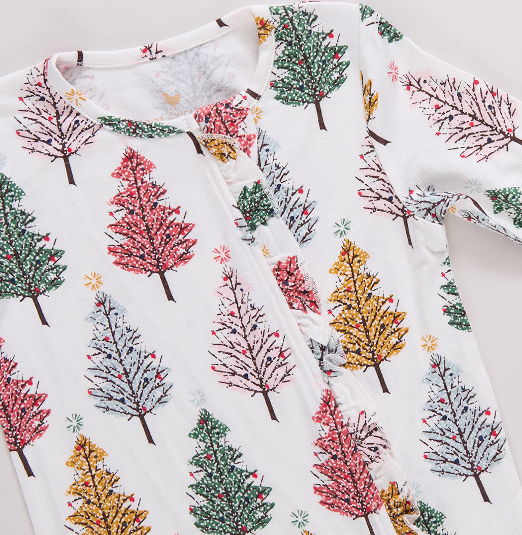 Multi Christmas Trees Baby Ruffle Bamboo Romper