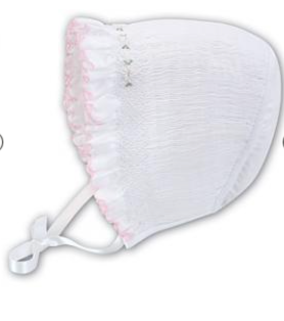 White/Pink Infant Smocked Bonnet