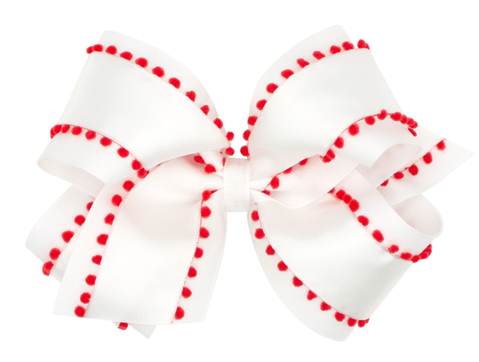 King White with Red Pom-Pom Edge Grosgrain Bow