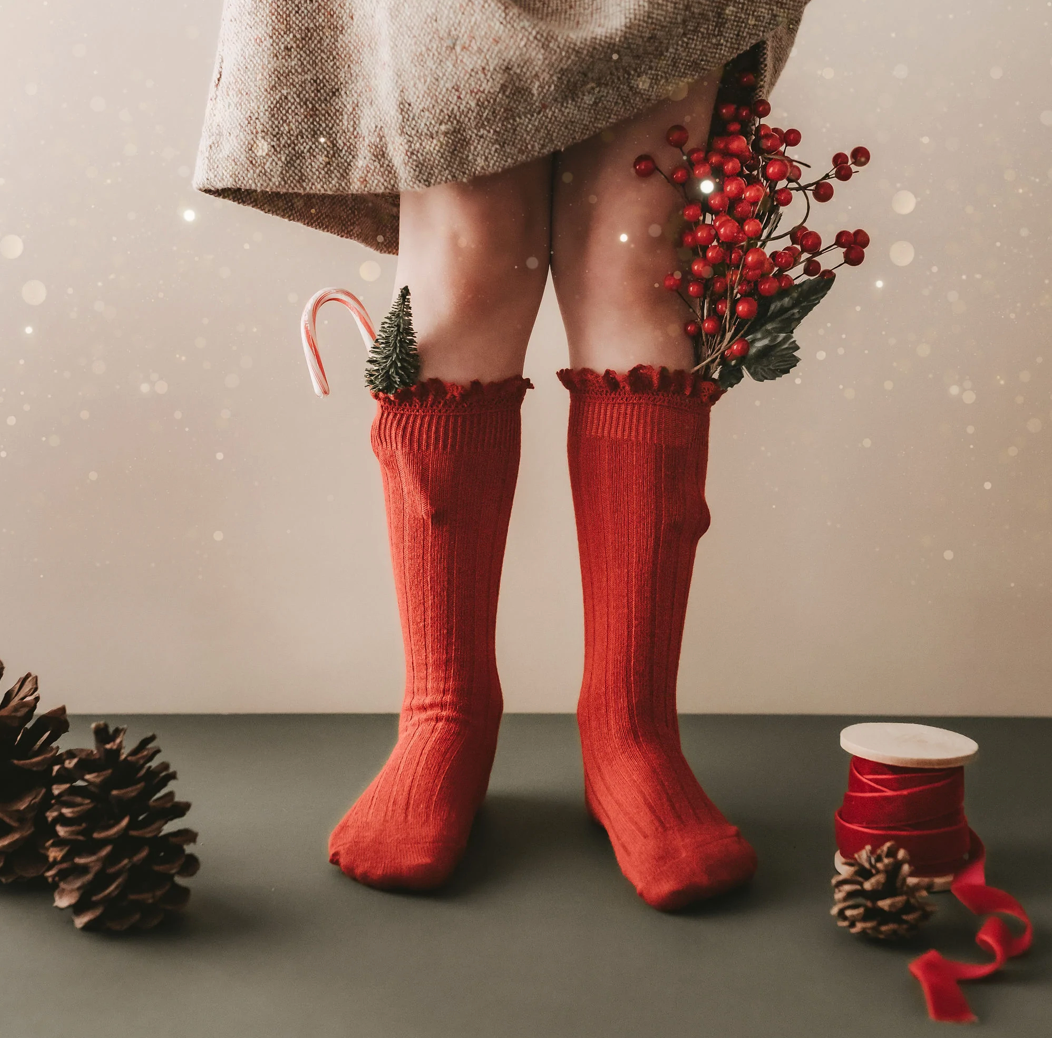 Holiday Red LLB Lace Top Knee High Socks